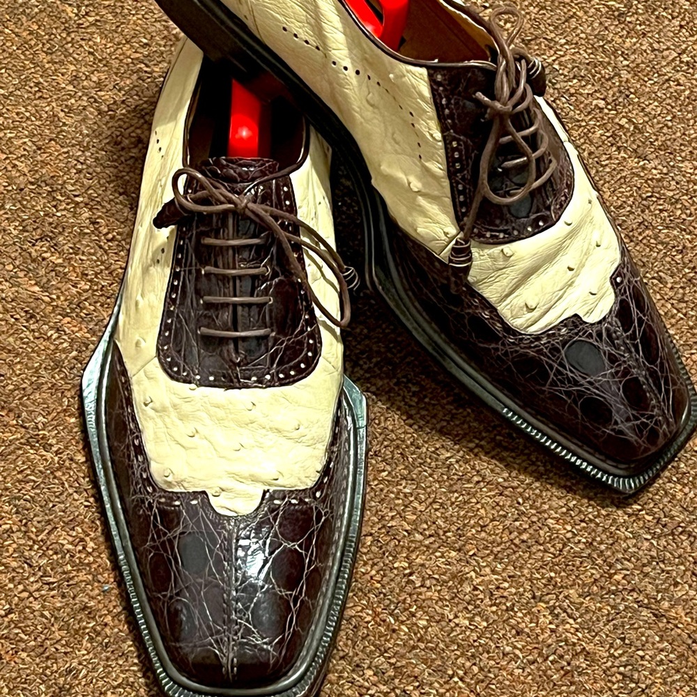 Mezlan Platinum Genuine Alligator/Ostrich Wingtip Dress Derby Shoes Men 10.5